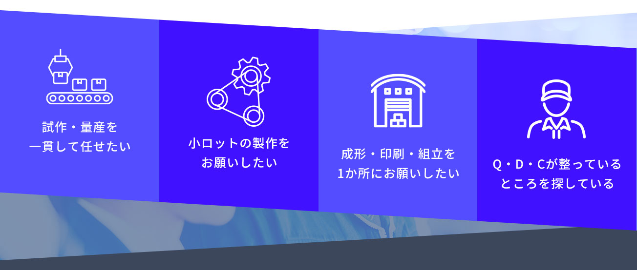 試作・量産を一貫して任せたい/小ロットの製作をお願いしたい/成形・印刷・組立を1か所にお願いしたい/Q・D・Cが整っているところを探している